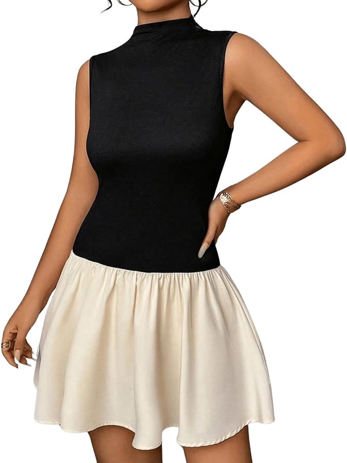 Black And Cream Colorblock Mock Neck Sleeveless Drop Waist Mini Dress Small